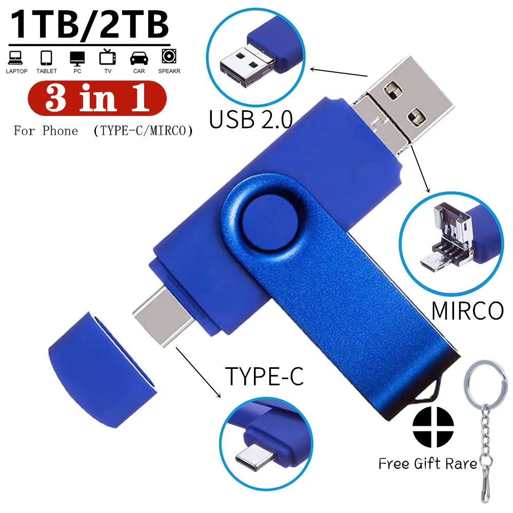 3-in-1 OTG USB-flashdrive 2TB Type-C en micro-USB-stick 1TB 512G 256G Geheugen USB-stick Pen Drive 128GB 1000GB 2000GB U Disk