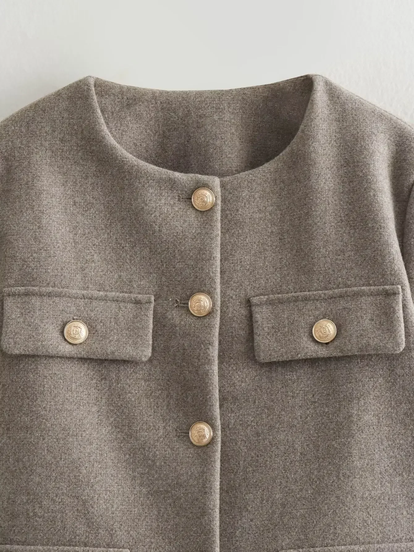 Chic Coat for Women 2024 O-Neck Solid Jacket Female Pockets Decoration Long Sleeve Jackets Ladies New Outerwear Tops