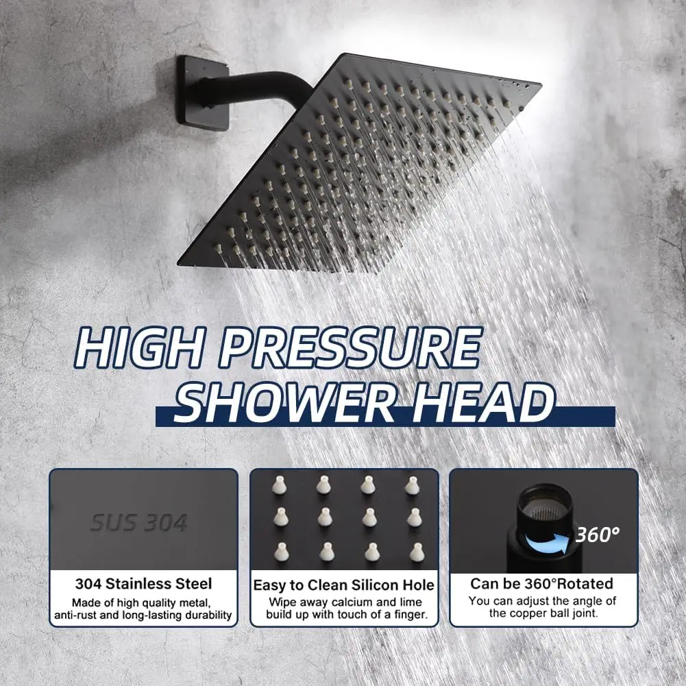 Black Bathroom Shower System, Rainfall Faucet Set, Complete Wall Mounted, Shower Head and Handle Set, 8 pol