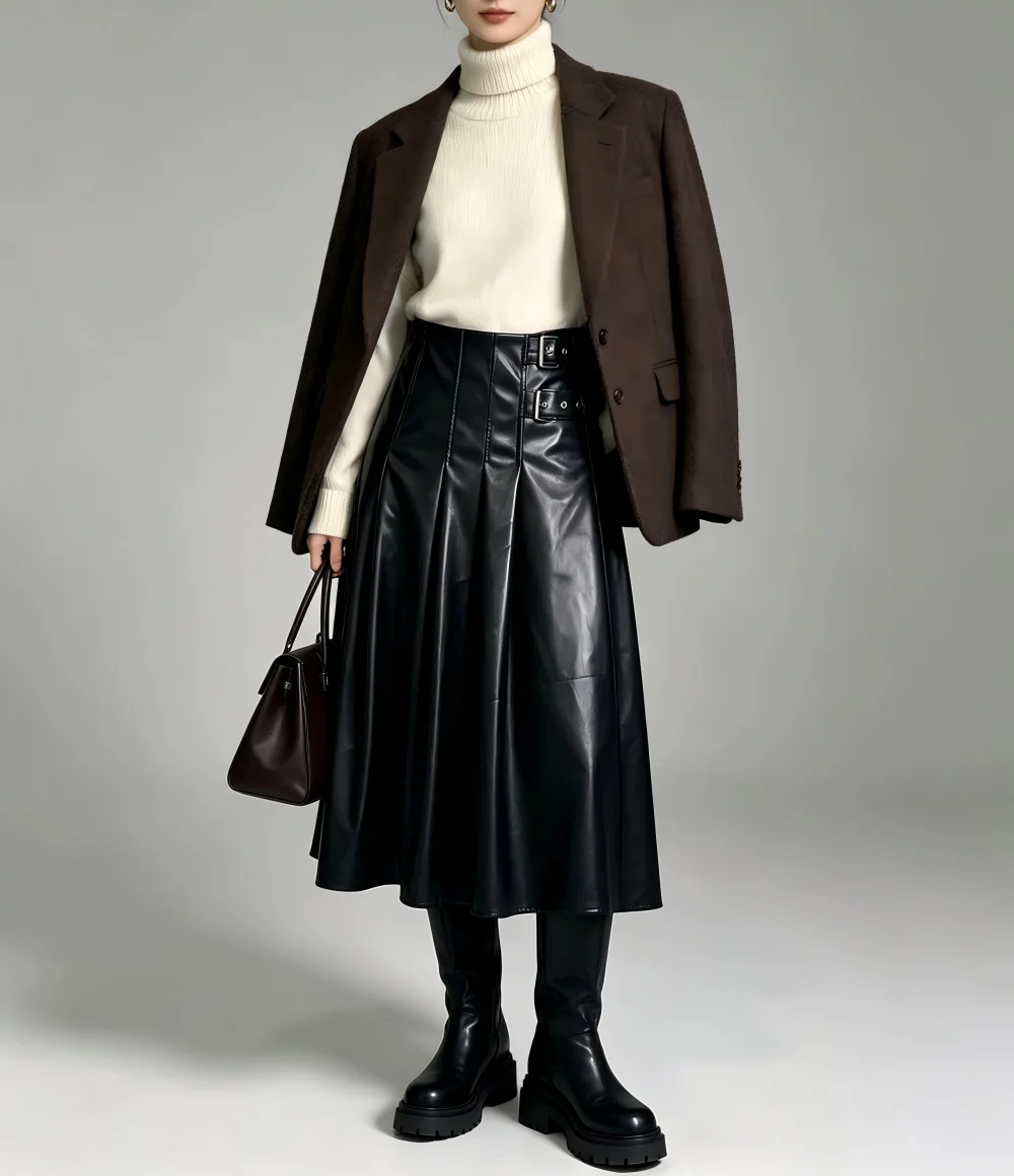 Women's Fashion A-line Pu Leather Midi Skirt High Waist Pleated Flared Swing Skirt New Arrival Ladies Faux Leather Skirts
