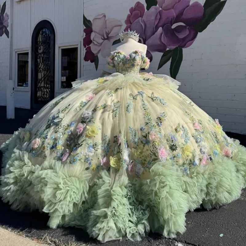 

Mint green Quinceanera Dress off-shoulder Lace layering 3D flower decal Long tail Bow vestidos de 15 Quinceanera ﻿Customize