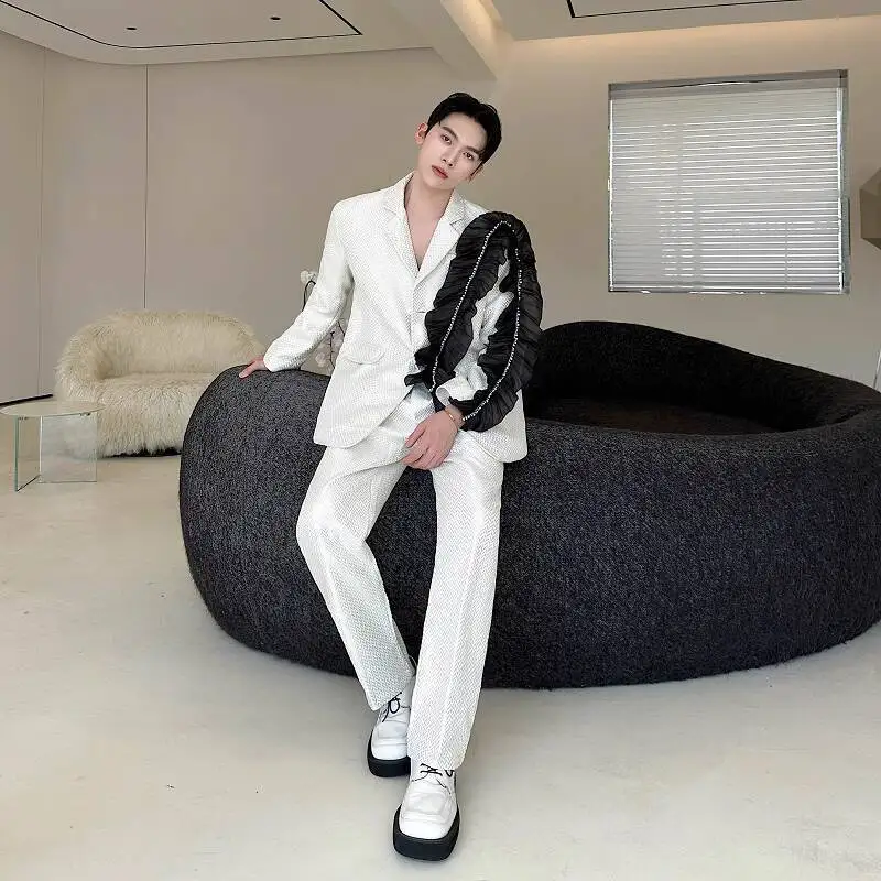 WTHT Fashion Men's Suit Spliced Lace Beads Design Blazer Coats High-waisted Loose Wide Leg Pants Set Male 2025 Autumn 2A1952