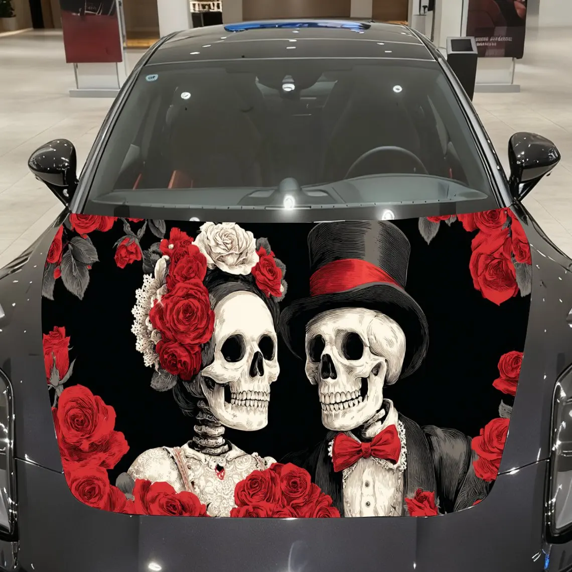 Enchanting Day of the Dead Skull Couple Car Cover Sticker, Auto Hood Decal, Car Exterior Scratch Resistant Decal, Trendy Gift fo
