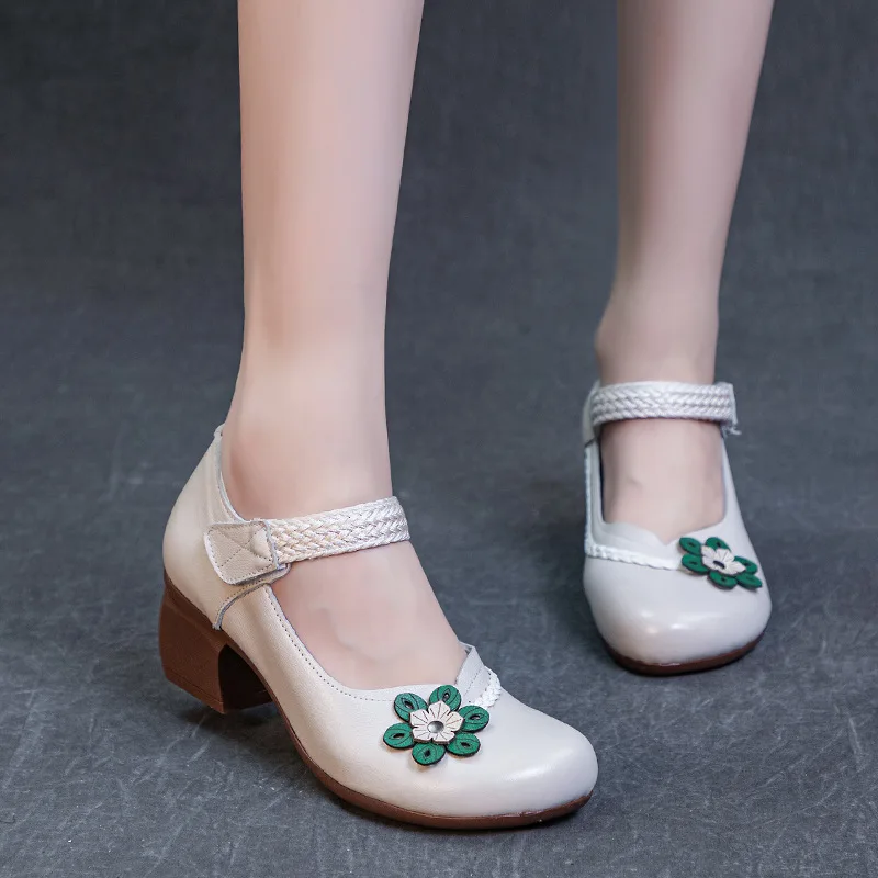 Spring New Women's Single Shoes Thick Middle Heel Soft Sole Shallow Mouth Flower Colored Women's Shoes