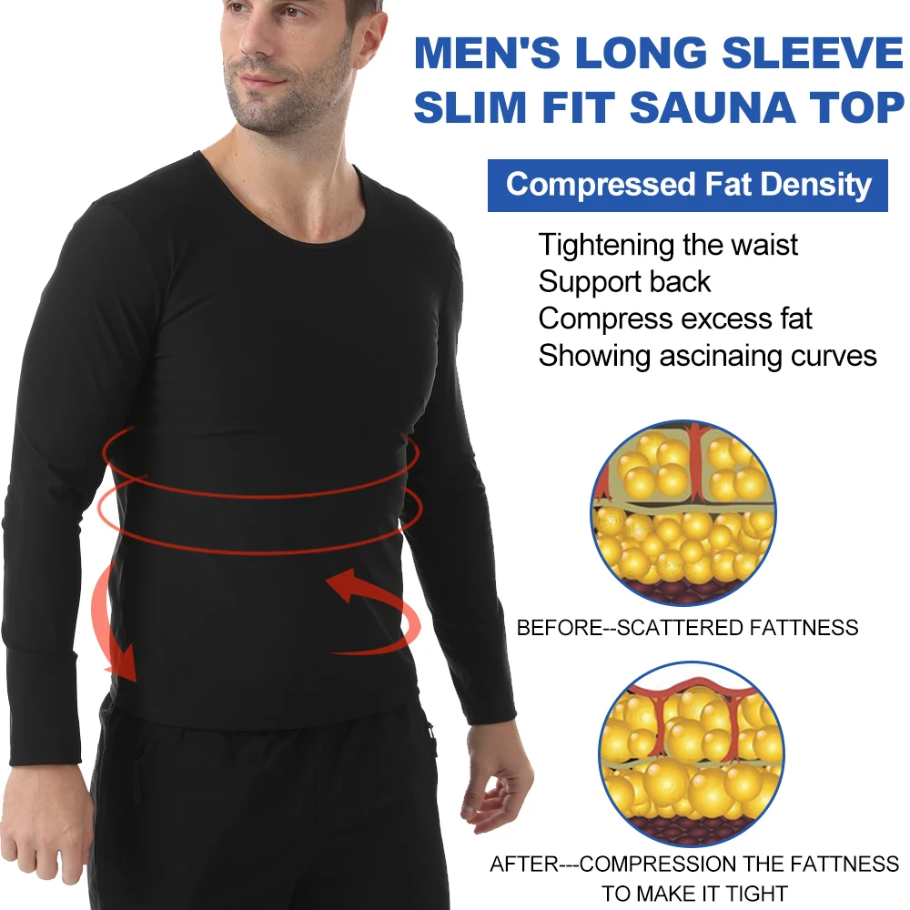 Men Sweat Suit Neoprene Sauna Shirt Fitness Waist Trainer Sweat Gym Long-sleeved Top Workout Slimming Body Shaping Round Neck