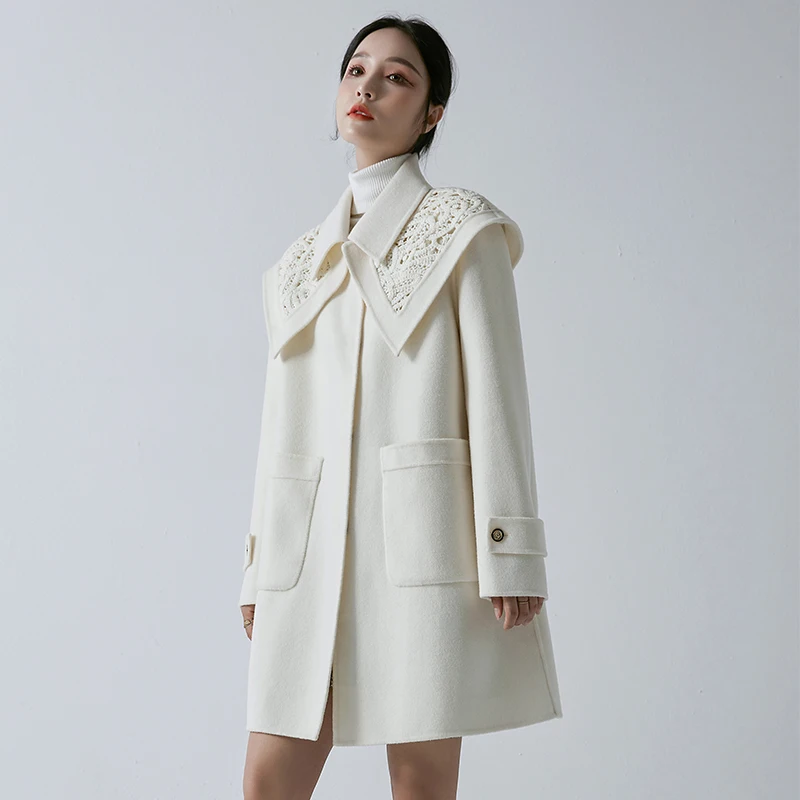 

Ele White Double-Sided Camere Coat Women's Mid-Length Woolen Jaet Korean Sle Winter Outerwear Straight Cut Simple