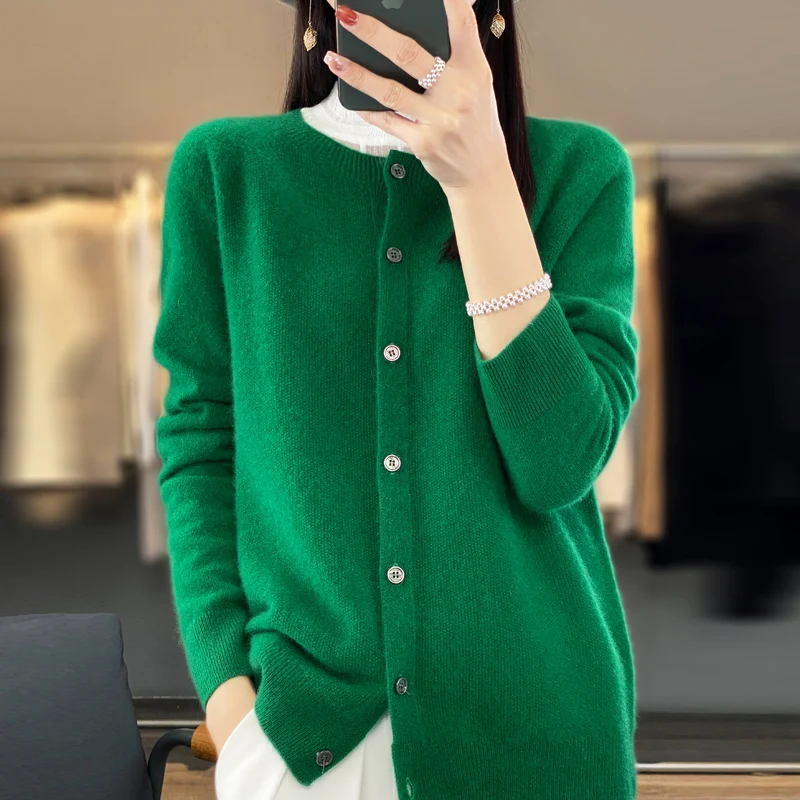 Women 100% Merino Wool Sweater Autumn Winter O-Neck First Line Seamless Cardigan Long Sleeve Clothing Cashmere Knitwear Tops