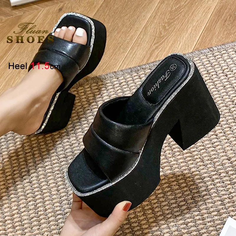 

2025 Summer New Sandals Women Sexy Thick Soled Slippers Rhinestone Decoration 11.5cm Super High Heels Wearing Outside Slippers