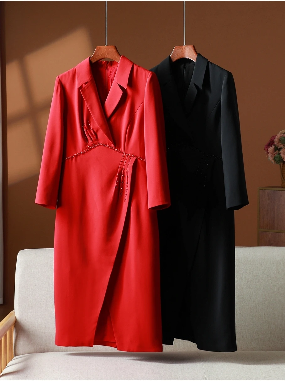 

Ele Long Sve Midi Dr Y Series Spring Autumn Heavy Embelliment Stand Collar Waist Cinching Gown for Banquet And Co...