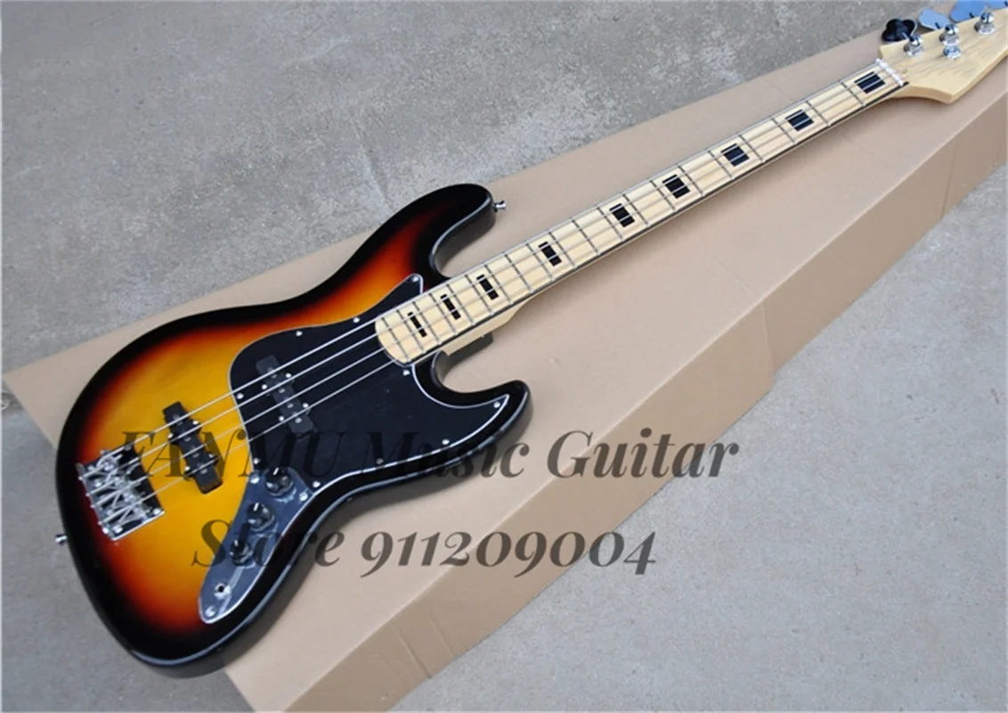 4 Strings Sunburst Bass Guitar Jaz Rosewood Body Maple Fingerboard Black Pickguard  Fixed Bridge Strings Though Body