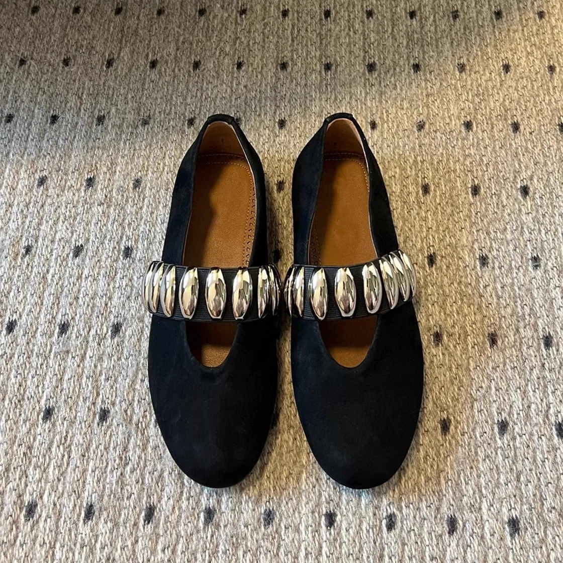 

High Quality Women's Shoes Metal Elastic Band Ballet Shoes Retro Genuine Leather Flat Bottom One Step Stepping Mary Jane Single
