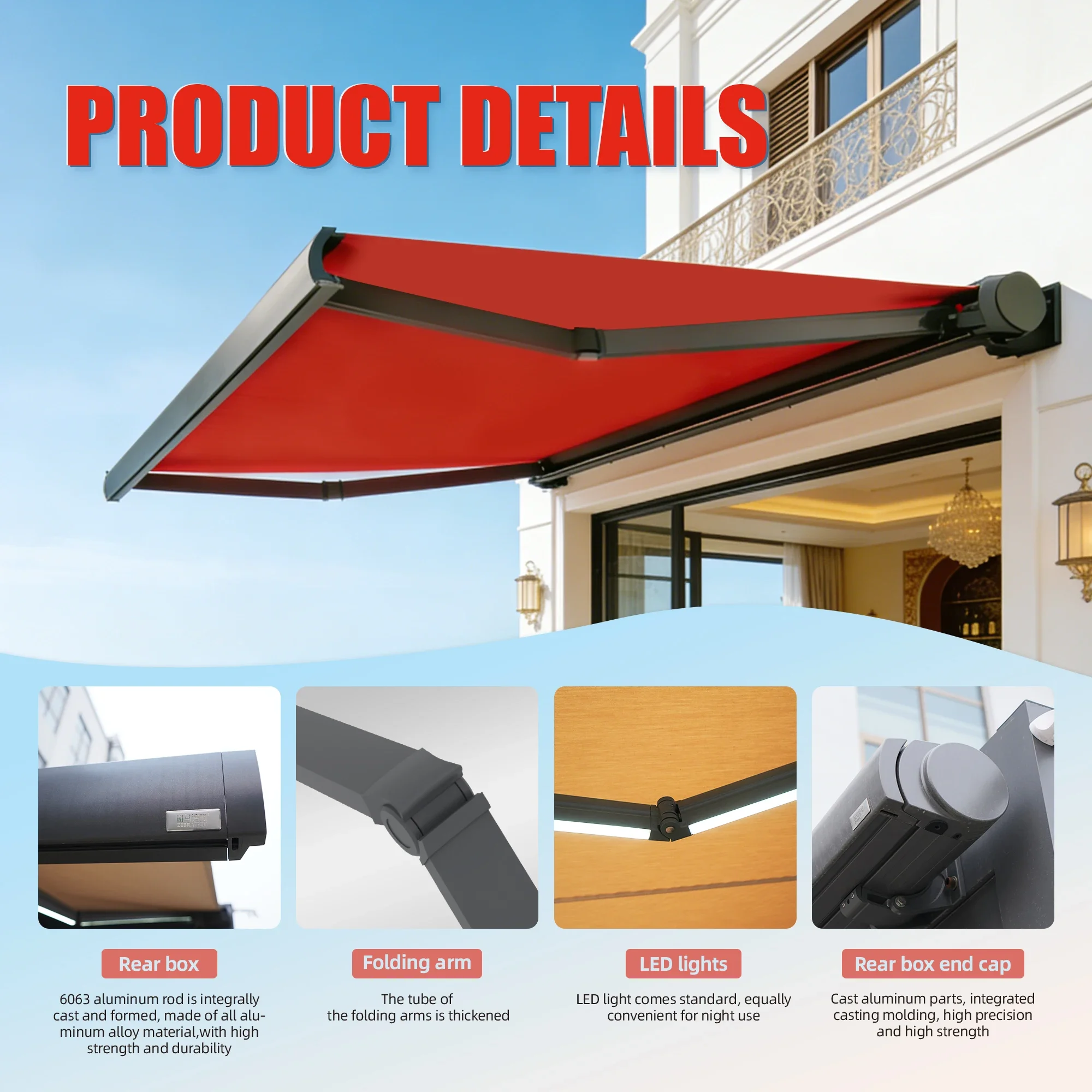 Motorized Retractable Awning Powder Coated Aluminum Alloy Sunshade Canopy Cover for Outdoor Garden Terrace Patio