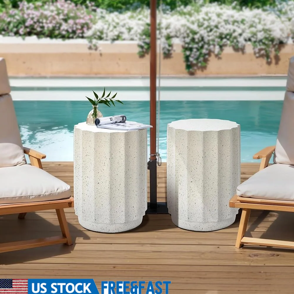 

Set of 2 Round Side Tables Fluted Design Indoor Outdoor Use Durable Cement Weatherproof Plant Stand End Table Garden Decor