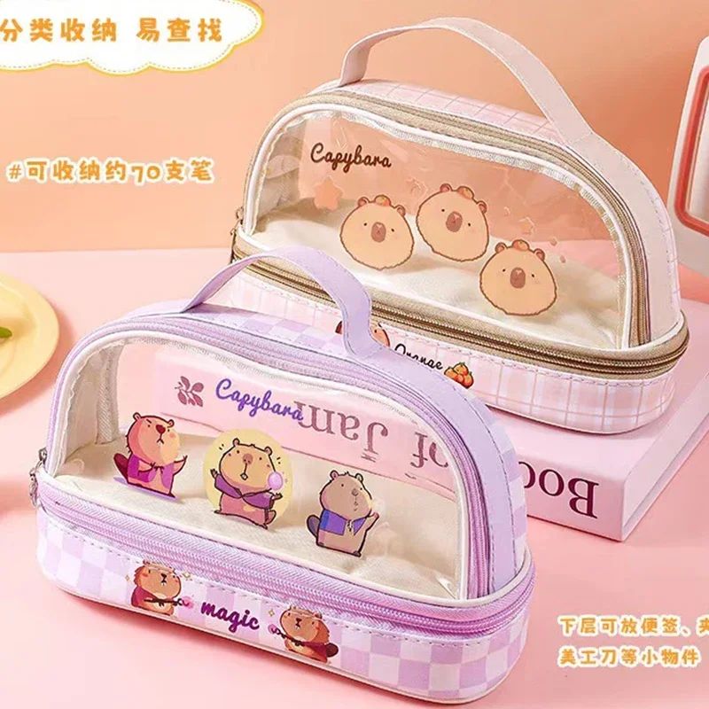 Cartoon Capybara Double layer Large Capacity Pencil Case Pen Case School Pencil Pouch Student Stationery Supplies birthday gift