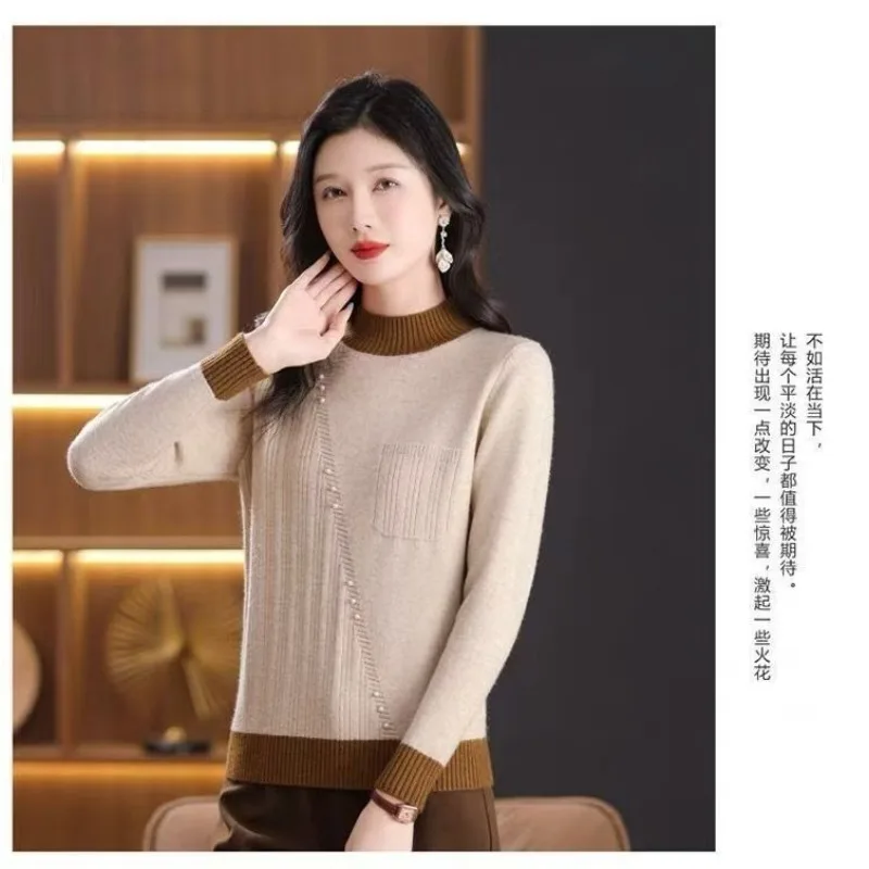 Moda ocidental cor combinando meia gola alta camisola espessada 2025 outono inverno novo topo solto camisola de malha