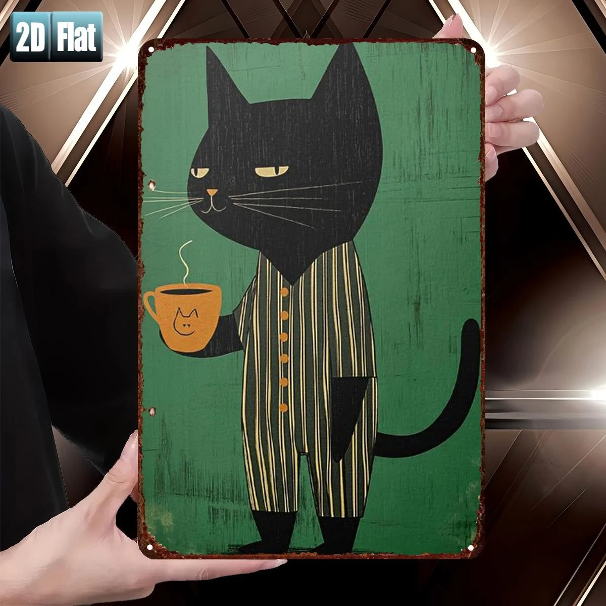 2D Flat - A 2D Flat Metal Tin Sign Featuring a Fashionable Black Cat Enjoying Coffee While Dressed in a Striped Suit, Measuring