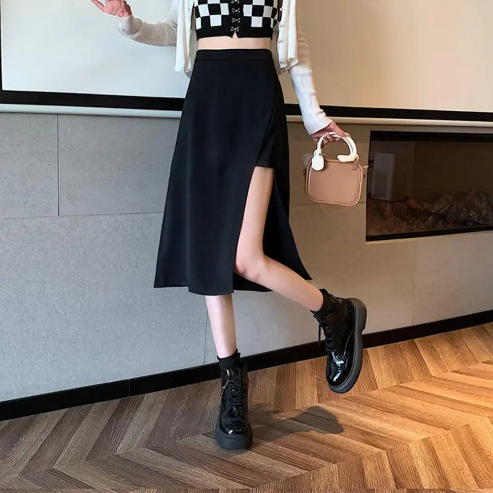 Women A-Line Hip Wrapped Skirt High Waist Side Split Hem Midi Skirt Plus Size Office Lady Long Skirt