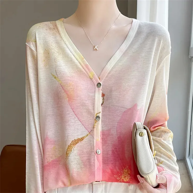 

Fashion Mulberry Silk Thin Knitted Jacket Sunscreen Clothing Women NEW 2024 Korean Spring Summer Autumn Casual Coat Top Female