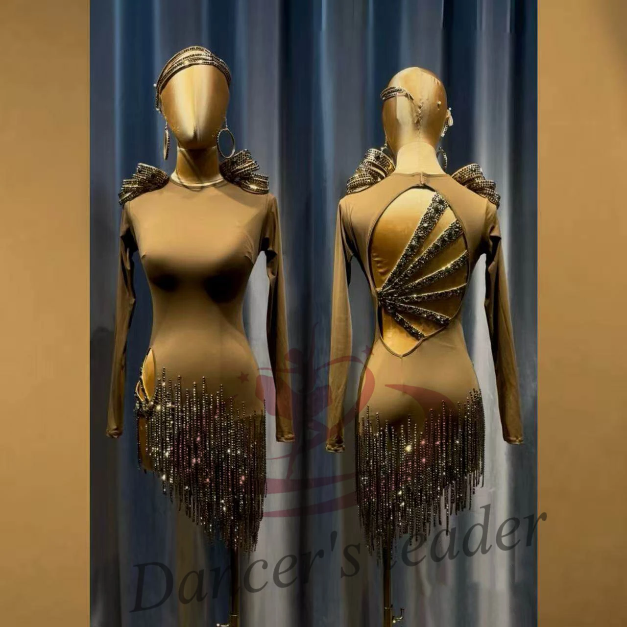 

Latin Dance AB Stone Female Adult Children High-End Customized Hollow Back Diamond Stripe Tassel Samba Performance Dress