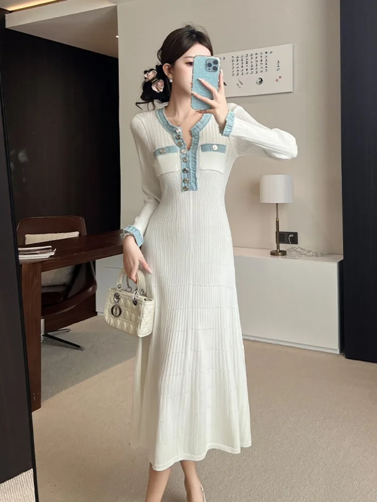 

Ele Color Blo Knitted Long Dr Women's Autumn Winter High Waist Slim Fit X-ape Ci Walk Long Sve round Ne Dr