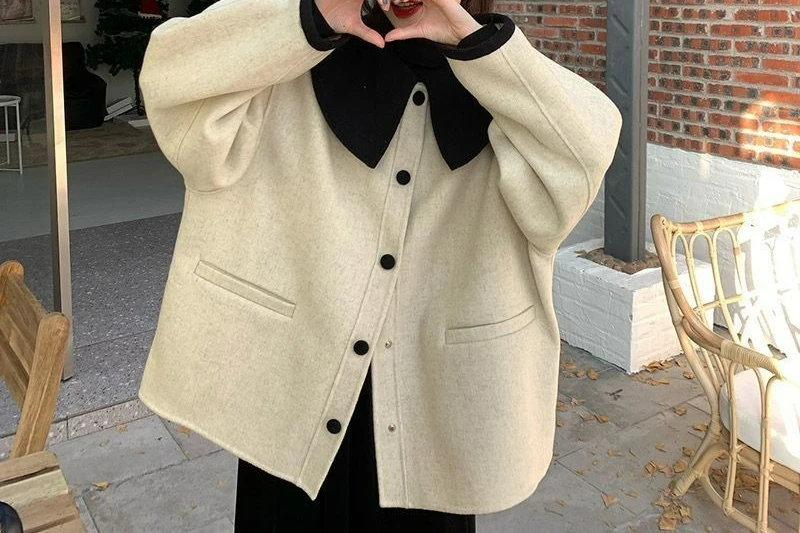 معطف صوف قصير بياقة الدمية وكتلة الألوان للنساء لربيع 2025، قمة الموضة الجديدة متعددة الاستخدامات