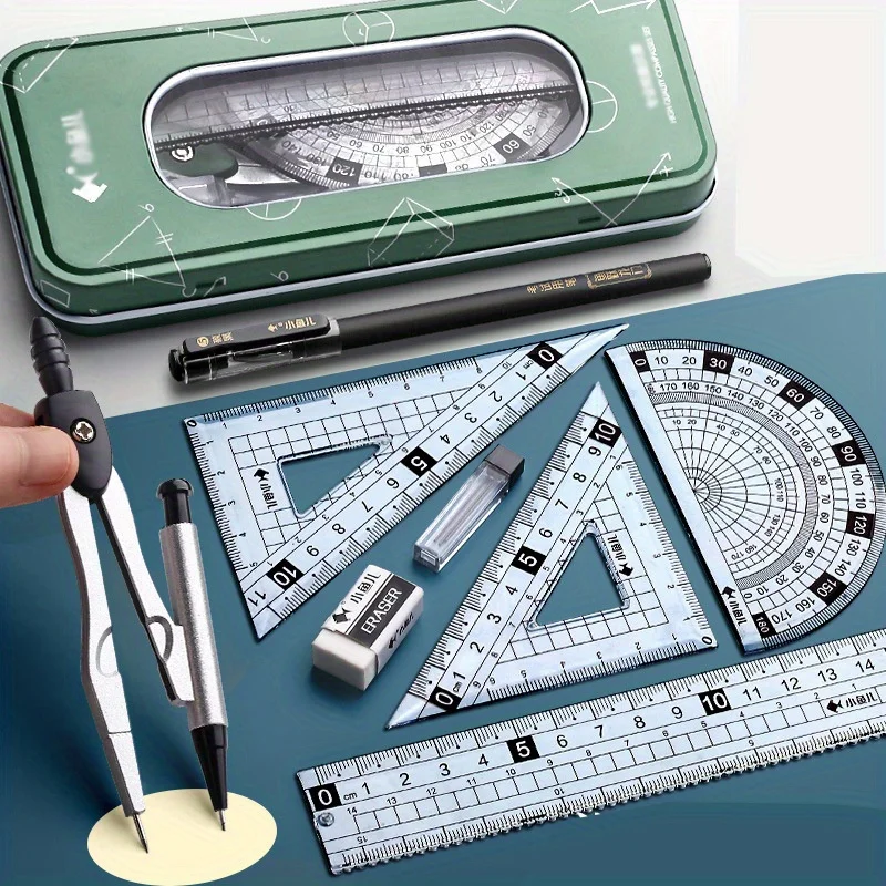 Exquisite 8in 1 Ruler Stationery Set Aluminum Alloy Compasses Multifunctional Combination Ruler Triangle Protractor Drawing Gift