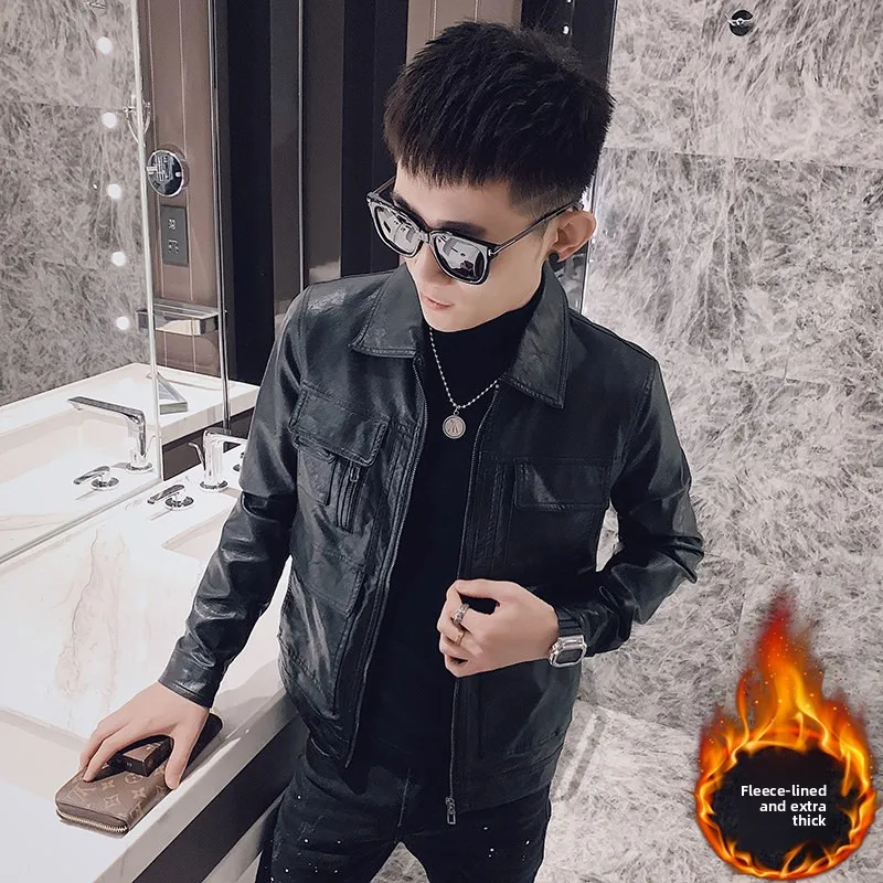 

Мужская приталенная куртка из искусственной кожи с воротником-стойкой и молнией, повседневная модная куртка