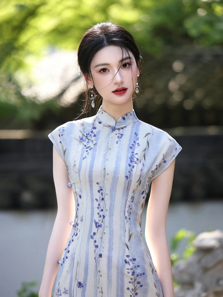 new-chinese-sle-young-girl-high-end-feeling-summer-improved-silk-dr-breathable-low-slit-midi-qipao-dr