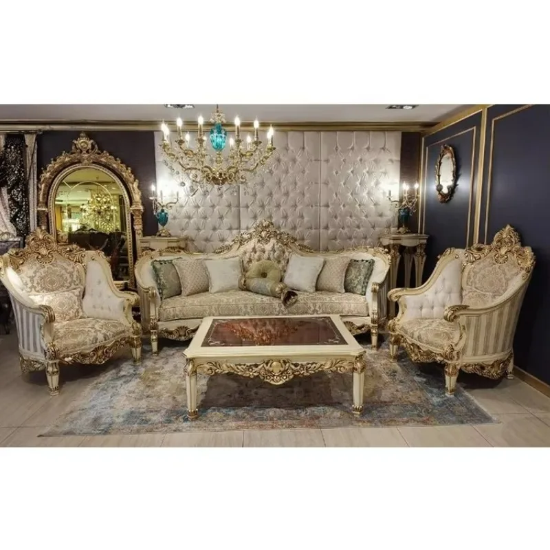 

European antique classic velvet fabric sofa set luxury French royal 7-seat living room sofa set furniture