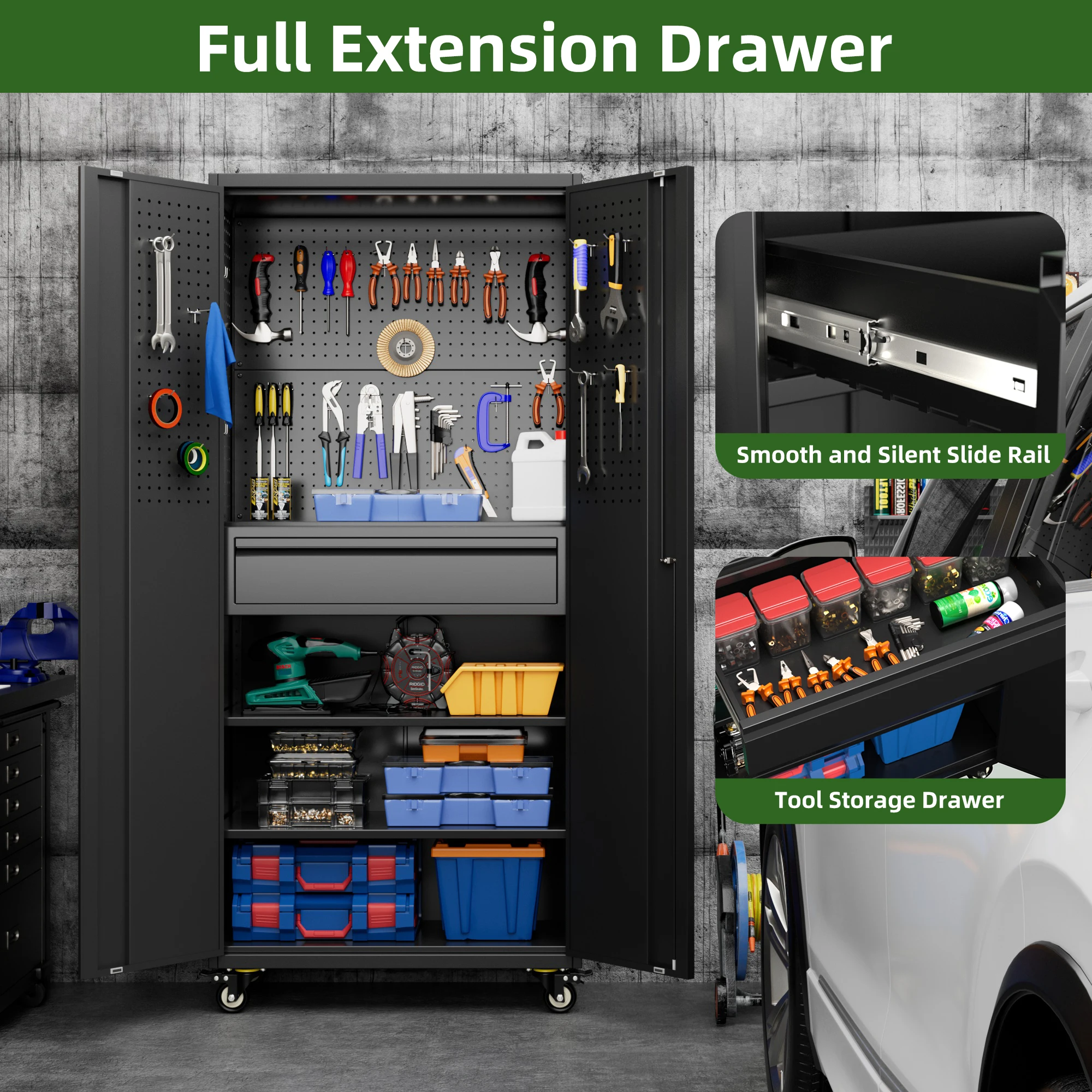 Aobabo Garage Storage Cabinet with Wheels,72" H Metal Storage Cabinet with 2 Doors and 4 Adjustable Shelves for Garage Home