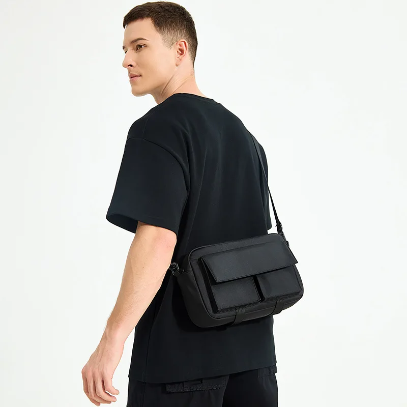 Multi-pocket men's shoulder bag horizontal square nylon waterproof cross body backpack day messenger bag