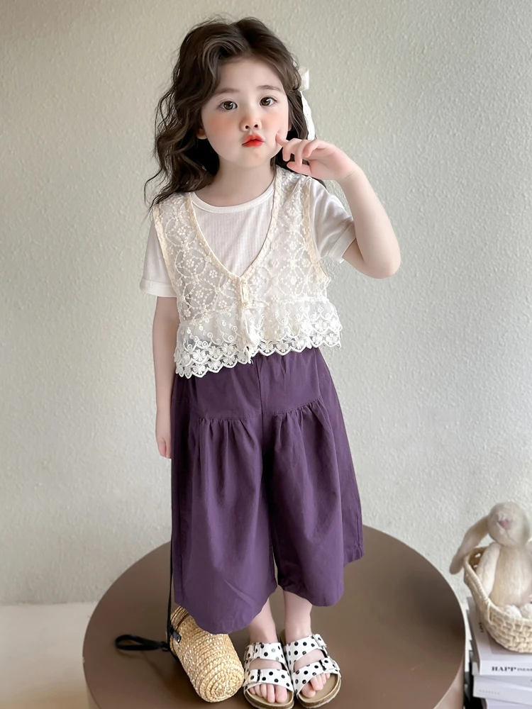 

Girls Summer Lace Vest Tee-piece Set New Faion Baby Casual Cotton ort Sve round Ne Eighteen Pants Ensemble