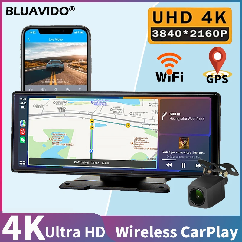 

4K UHD Dash Cam GPS Wireless Cast CarPlay Android Auto With 1080P Rear Camera 5G WiFi Connect Car Video Recorder FM Trasmitter