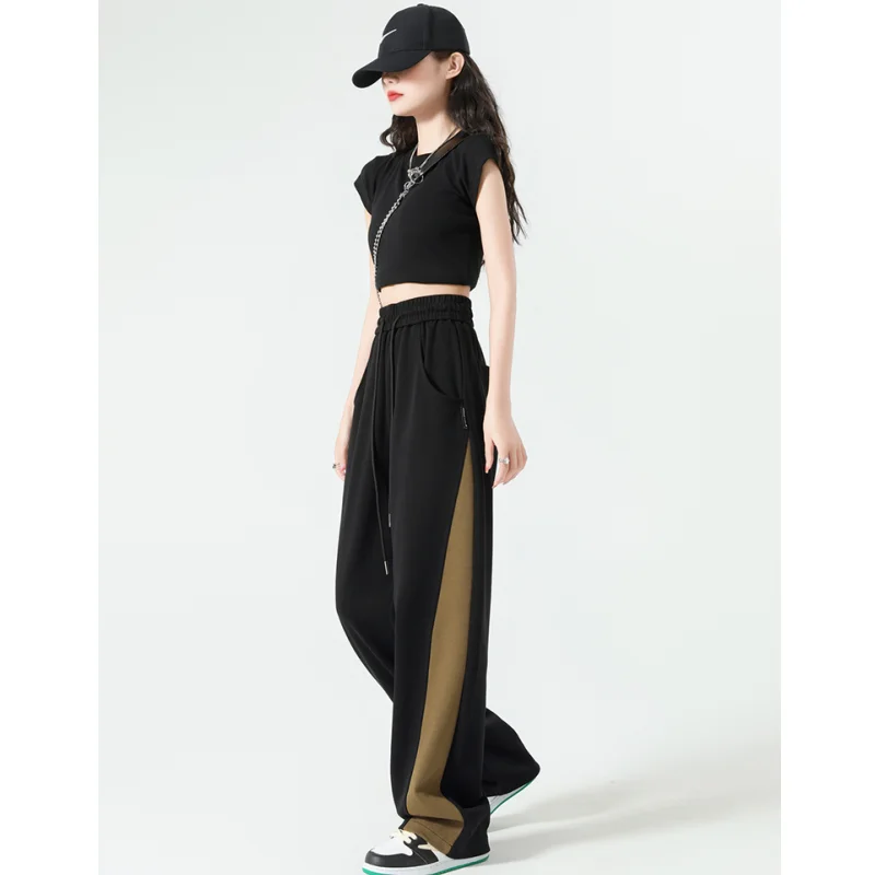 Women Brown Vibe Vintage Casual Pants Fashion High Waist Baggy Straight Pants High Street Mopping Wide-leg Trouser Ladies Summer