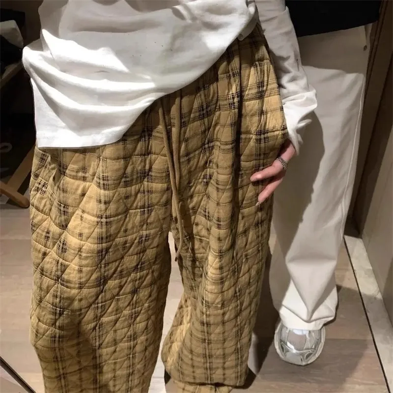 

Retro Plaid Cotton Wide Leg Pants Women's Loose Casual Sweatpants Autumn Winter plus Size Warmth Design Sense Ci Walk