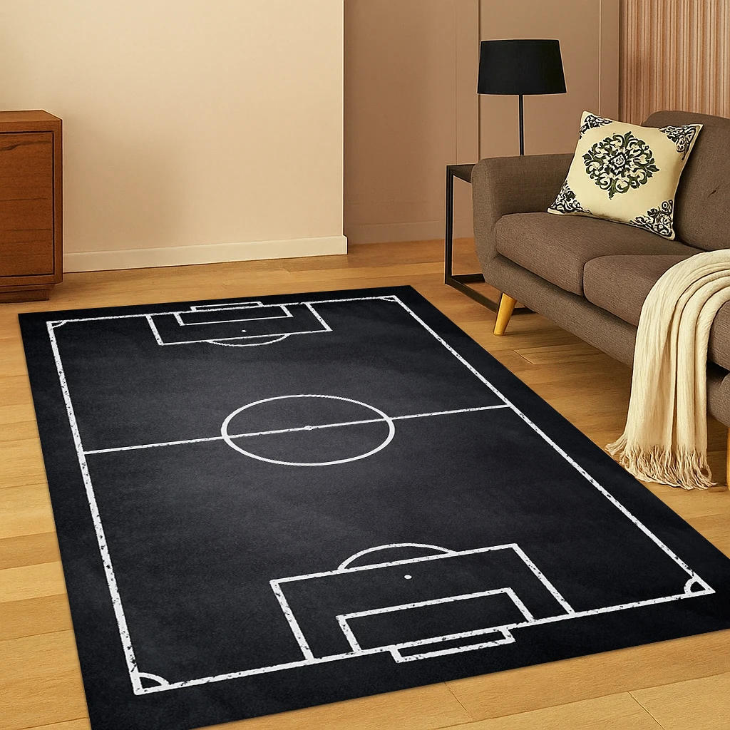 3D Fußball Schwarz Fußballplatz Sport Teppich Teppich für Wohnzimmer Sofa Zuhause Schlafzimmer Fußmatte Dekor, Spielzimmer Rutschfester Teppich