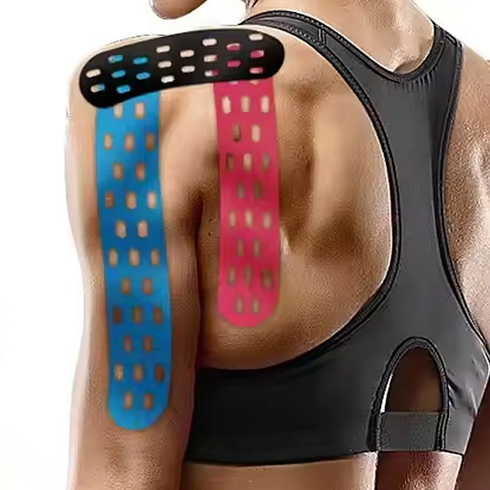 1 rollo de cinta de kinesiología terapéutica impermeable de algodón con agujeros para soporte y recuperación, deportes, alivio del dolor