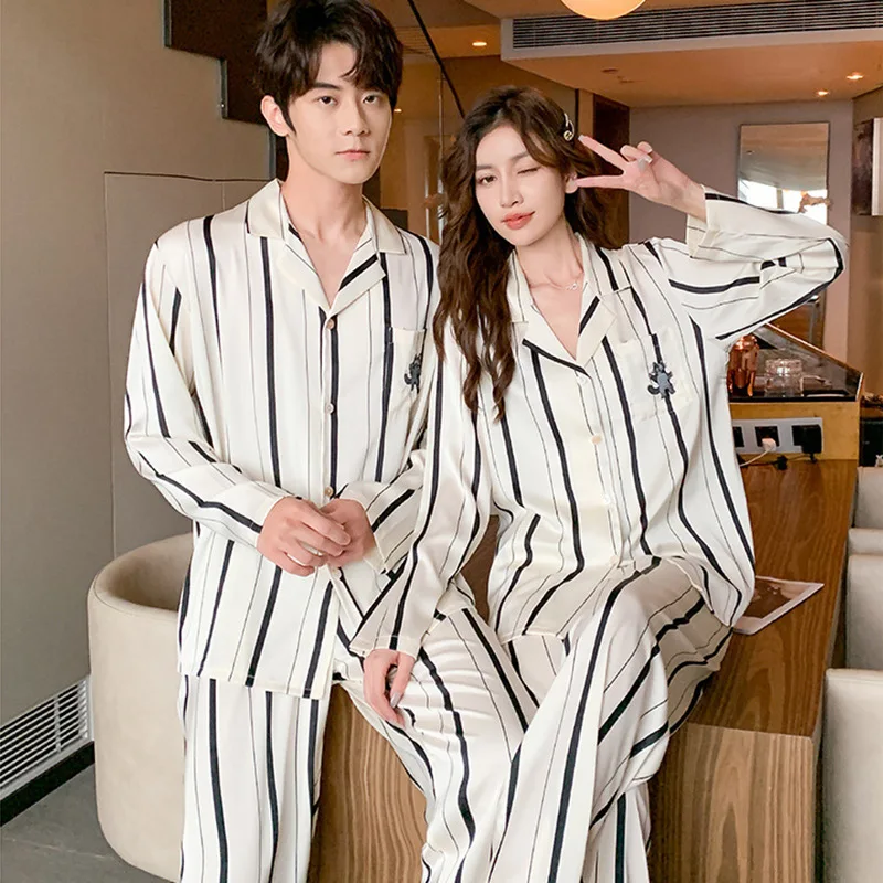 

Luxury Pajama Satin Pajamas Sets Couple Sleepwear Set Striped Pijama Lover Night Suit Male Female Casual Homewear Clothing