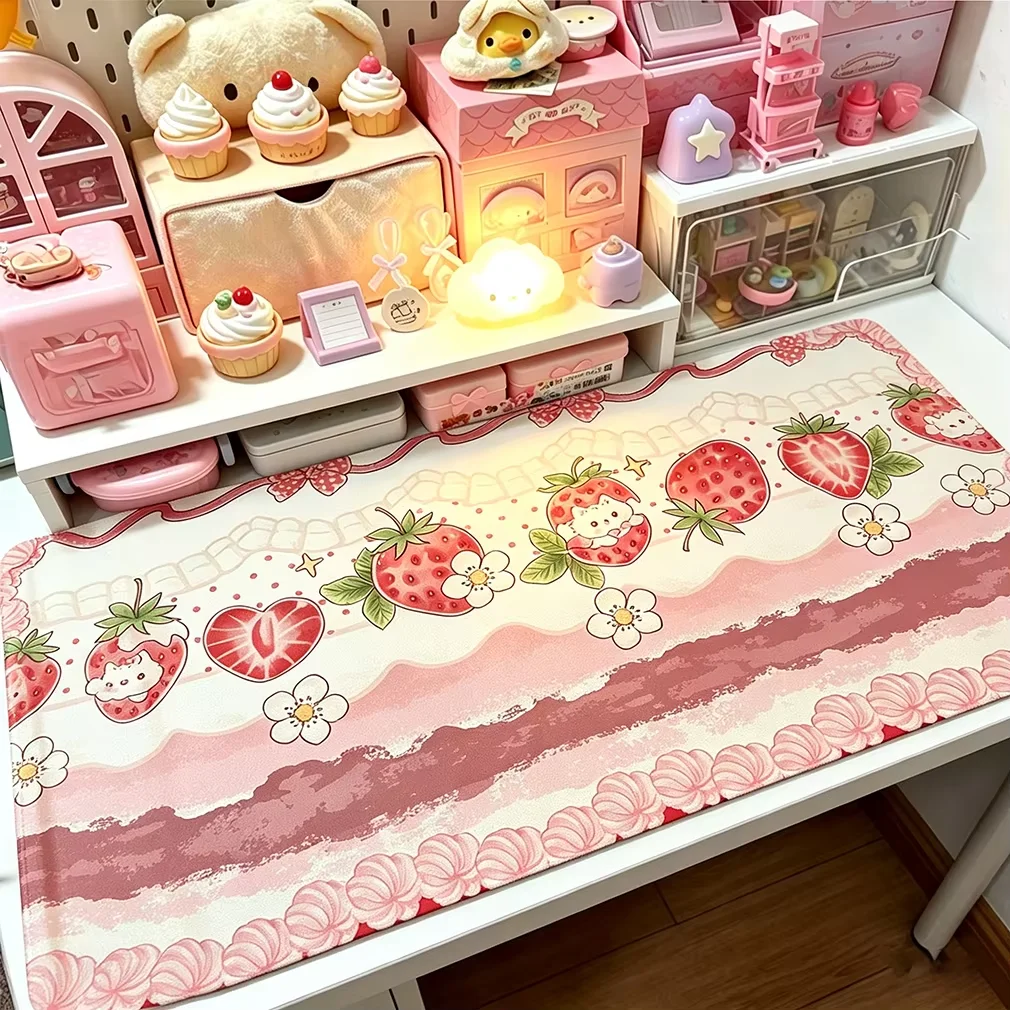Pink Strawberry Cake Chocolate Doughnut Sweet Girl PU Leather Desk Pad Protector Y2K Mouse Pad Office Desk Mat Desk Blotter Pad