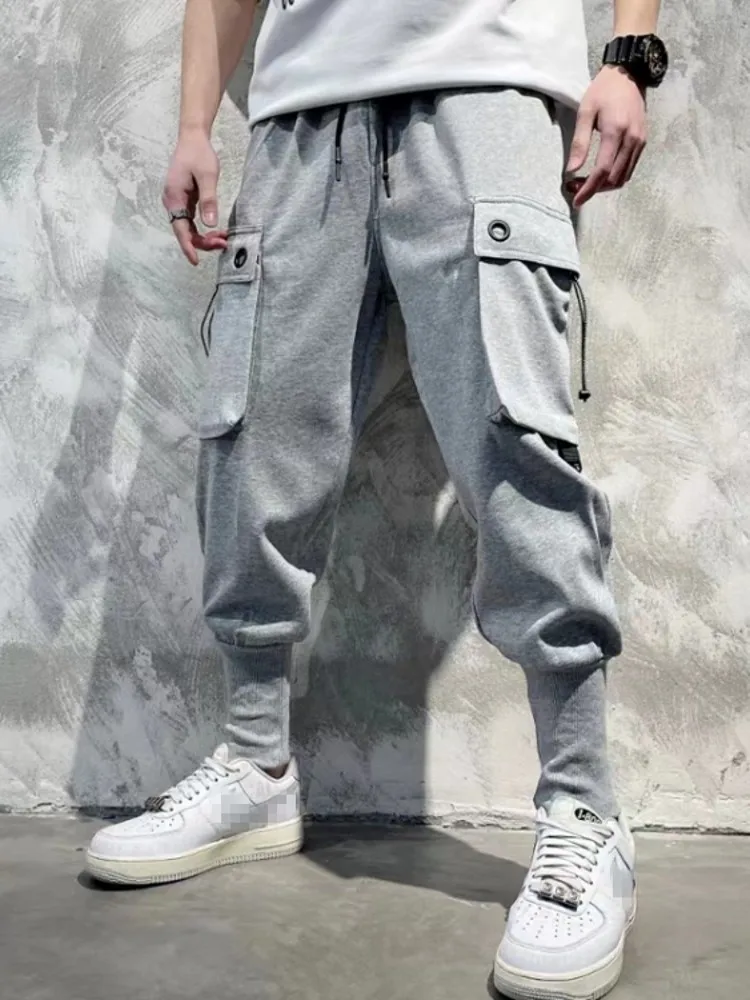 Mens Elastic Waist Loose Fit Harem Pants Pocket Hip Hop Spring New Joggers Pants Streetwear Grey Long Trousers New Cargo Pants