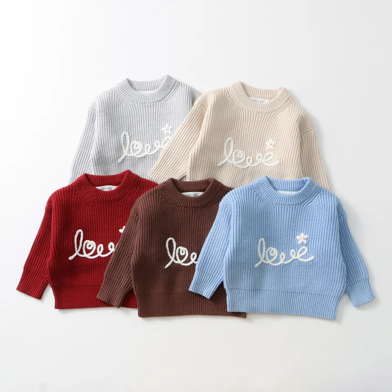 

Cute Girls Round Neck Wool Knitted Sweater Autumn Baby Boys Letter Embroidered Warm Tops Pullover for Children's Clothing
