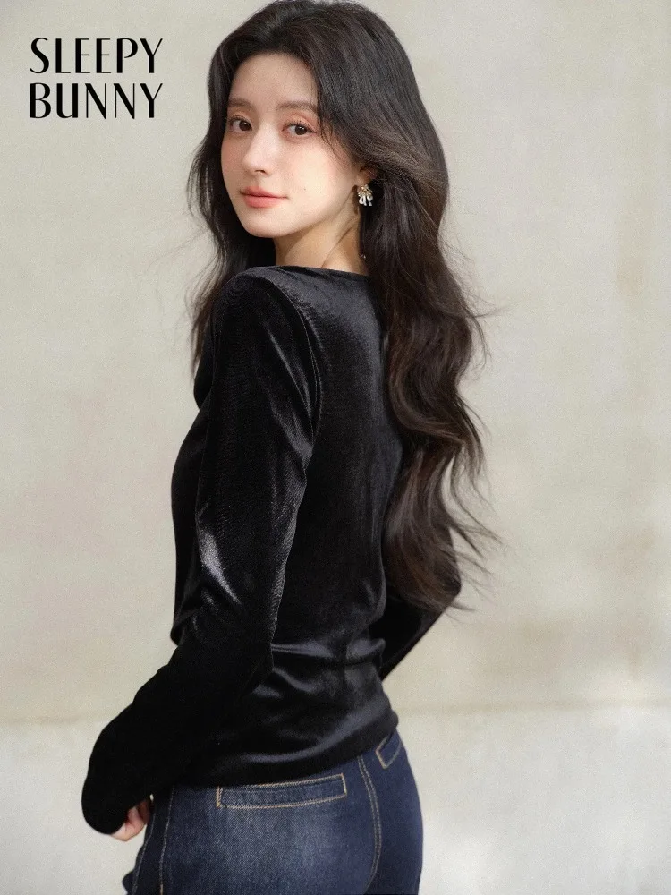 Women Black Velvet Asymmetric Draped Neck T Shirt Lady Spring Slim Long Sleeve Top Vintage Elegant Casual Basic Tees Daily Wear