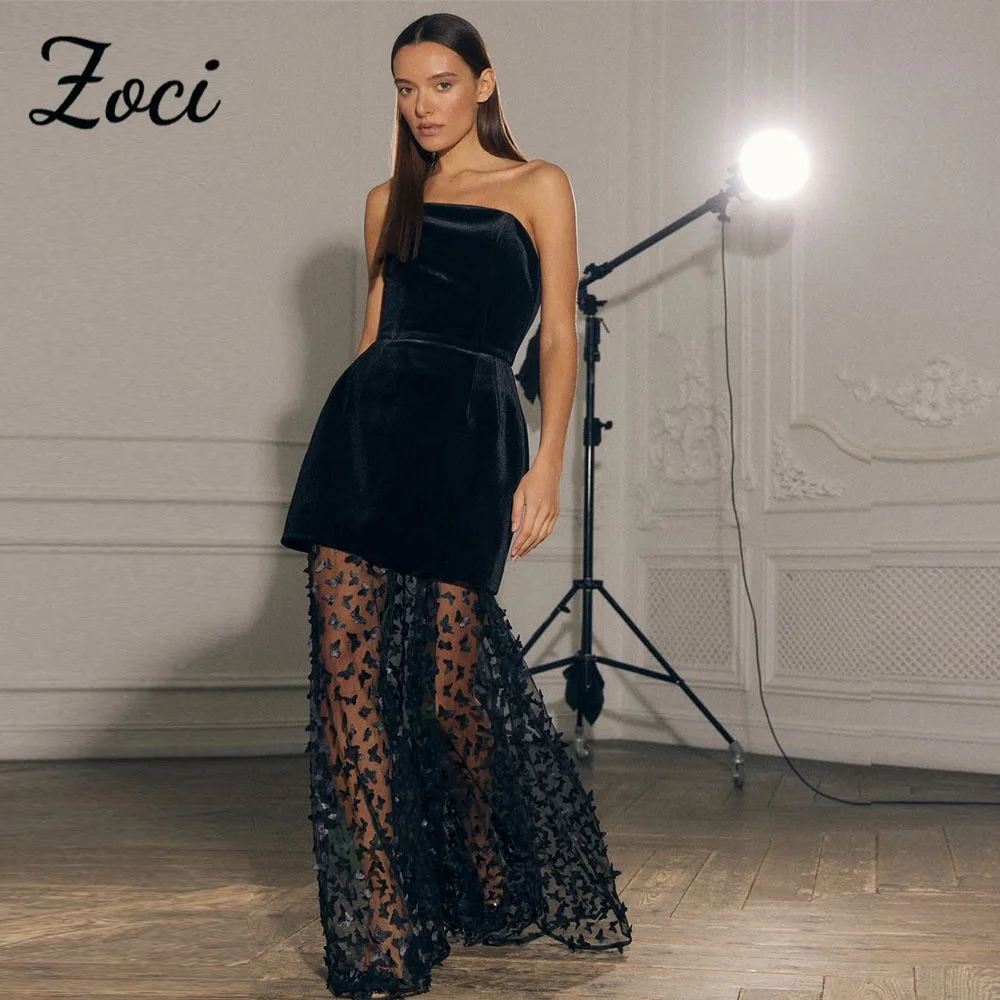 

Zoci Strapless Black Velevet Prom Dresses 2 Pcs Butterfly Lace Saudi Arabic Formal Party Gowns Customized vestidos de festa