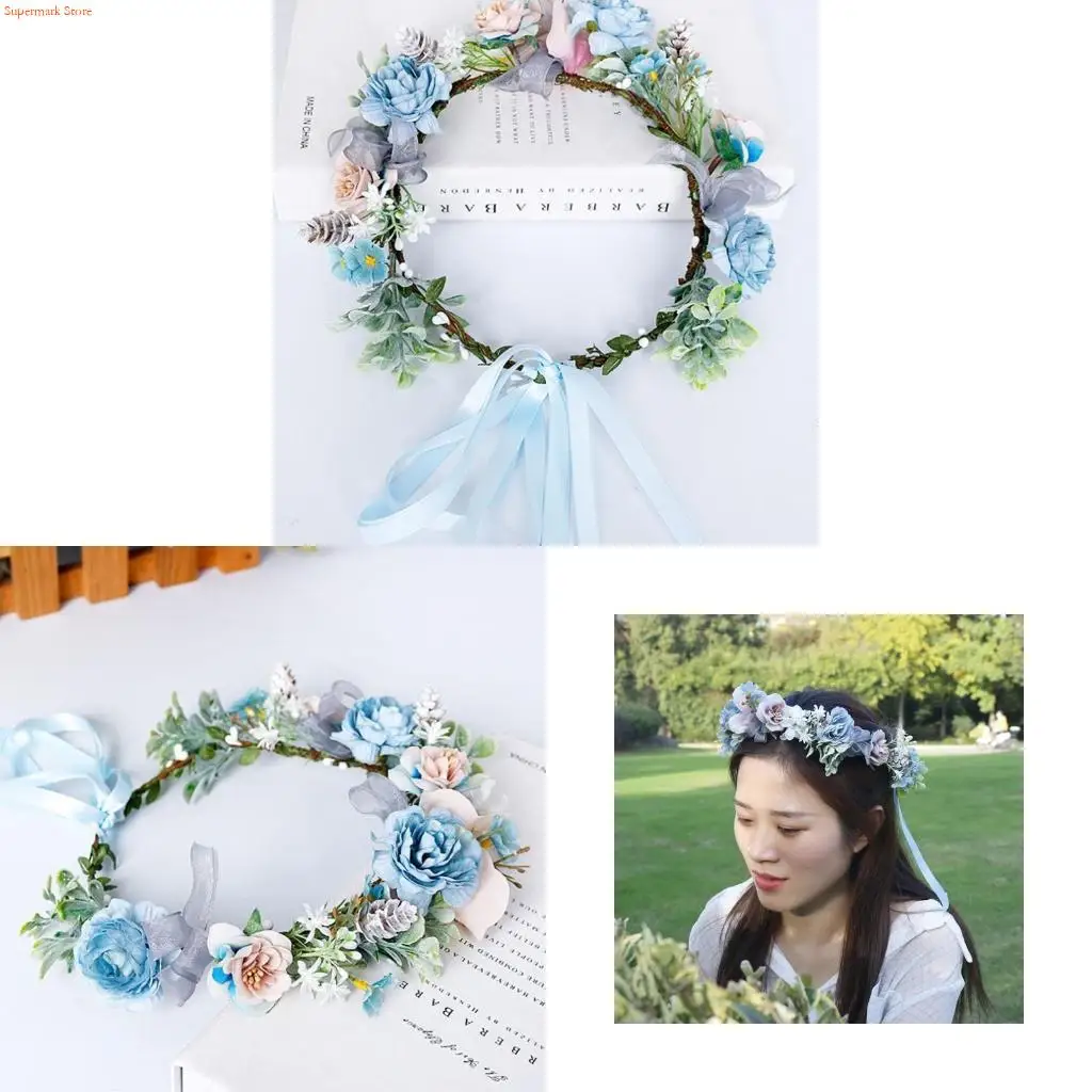 Q5WE Blue Flower Crown Floral Wreath Headband Garland Bohemian Wedding Bride Headwear