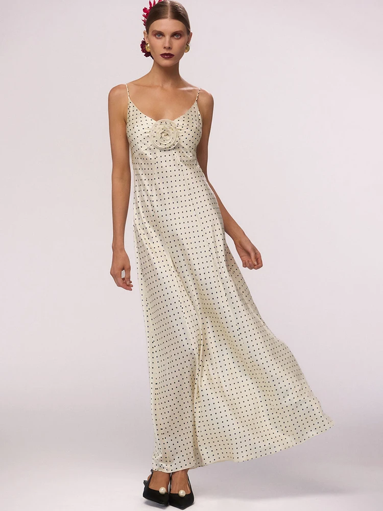 

JULISSA MO Print Polka Dot 3D Flowers Maxi Dress For Women White Spaghetti Strap Backless Slim Elegant Party Evening Dress 2025