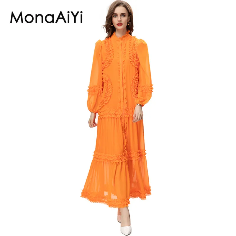 Imagem -04 - Monaaiyi-stand Feminino Colar Puff Vestido de Manga Cinto Destacável Fungo Ruffle Patchwork Vestido Laranja Translúcido Designer de Moda