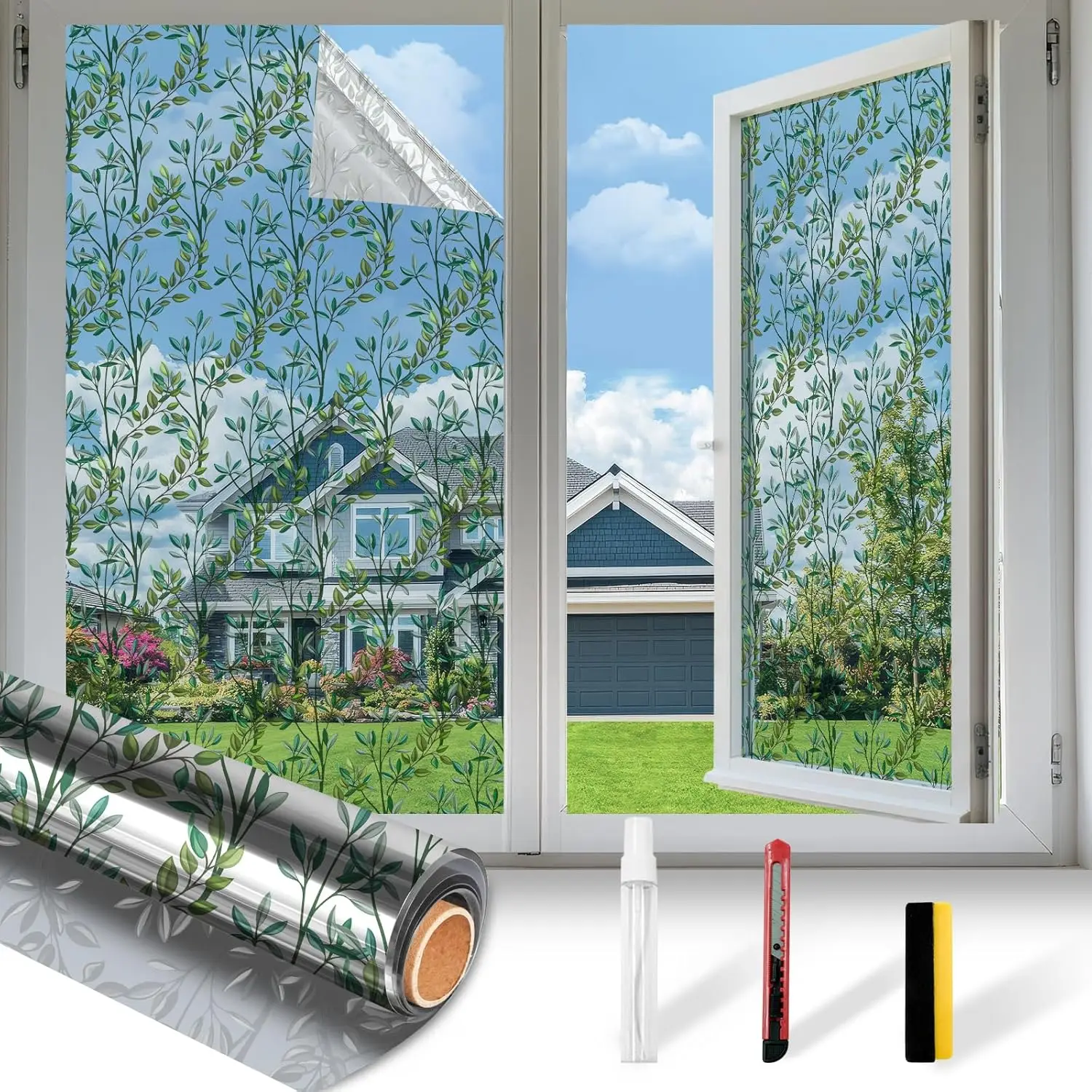 

Window Privacy Film One Way Daytime Static Cling Sun Blocking Reflective Tint for Home Office with Leaf Pattern 17.5x78.7in