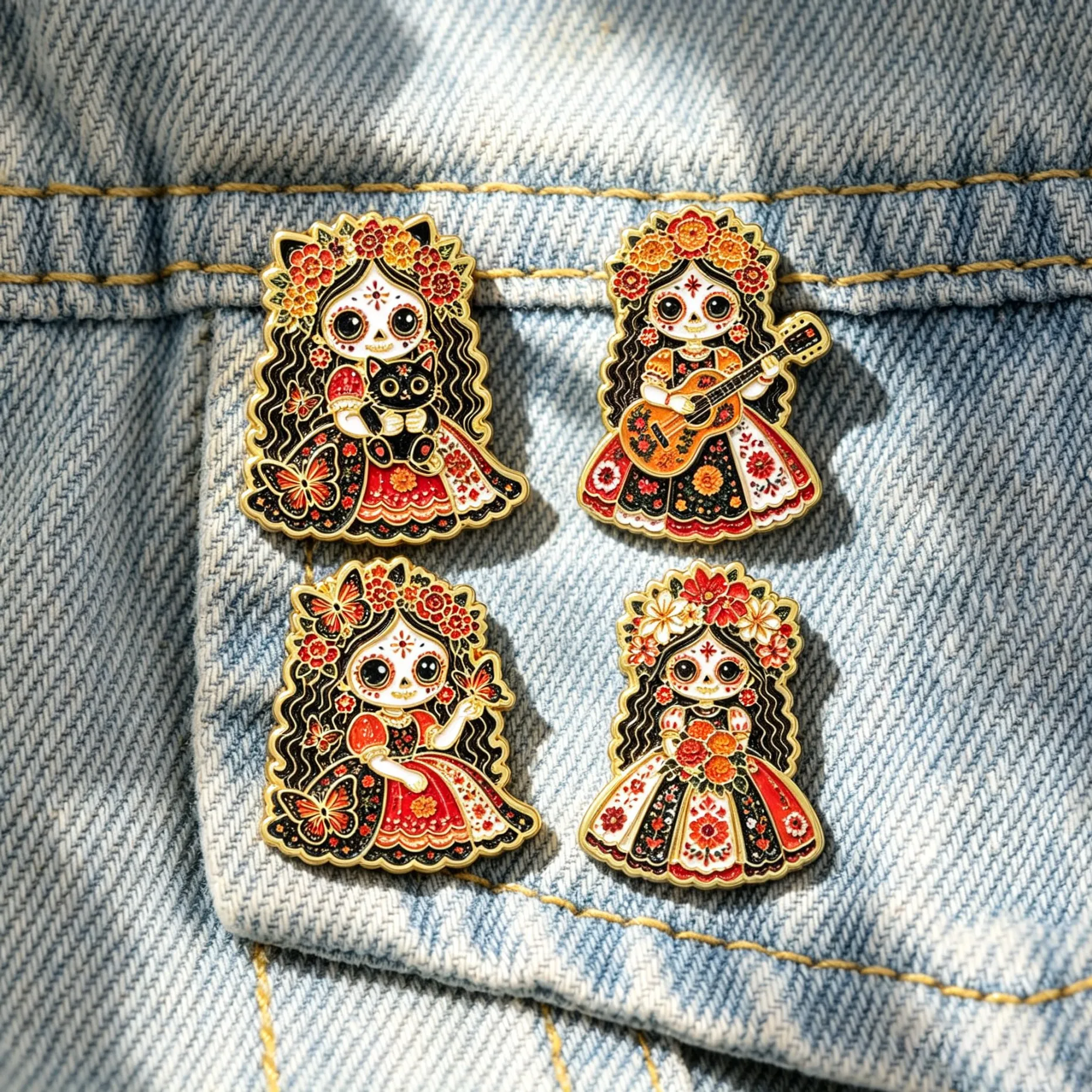 Mexican Day of The Dead Enamel Pins Floral Sugar Skull Girl Brooches For Backpack Clothing Lapel Badge Retro Jewelry