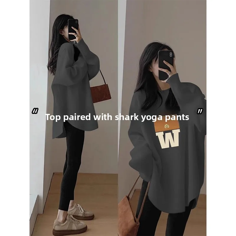 

Women's Mid-Length Thiened Velvet Base irt Yoga Top with Belly Covering ark Print Asymmetrical Long Sve T-irt