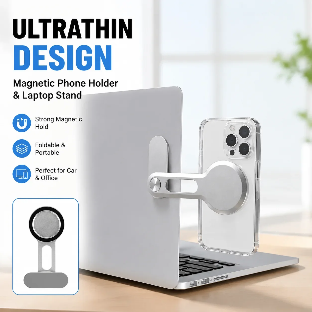 

Ultrathin Magnetic Car Phone Holder & Laptop Stand, Foldable Aluminum Alloy, Side Screen Display Compatible for Car & Office Use